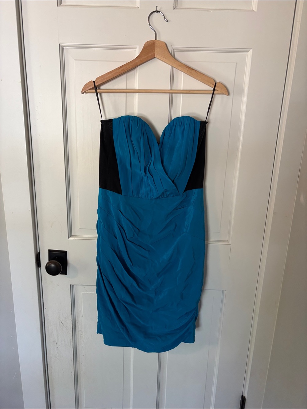 Teal Strapless Ruched Mini Dress with Black Panels